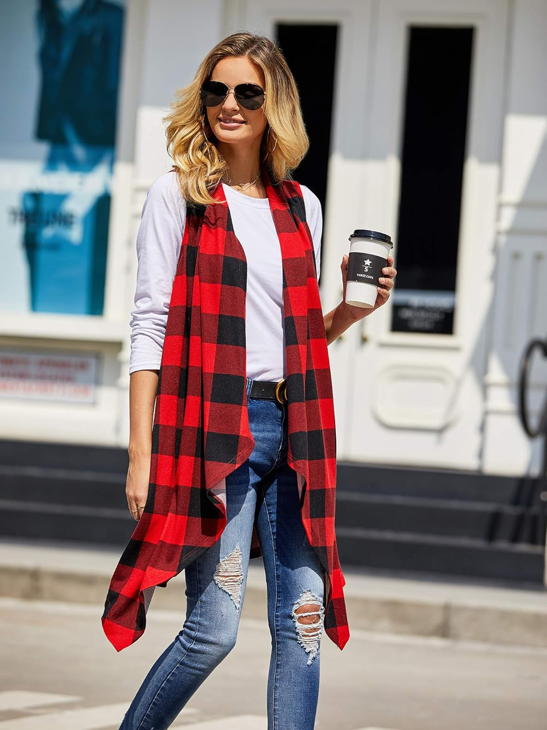 Womens Plaid Open Front Cardigan Sleeveless Drape Lightweight Vest Coat with Pockets