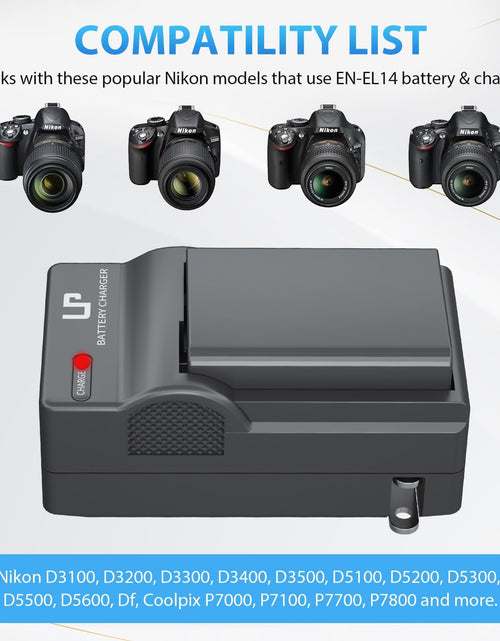 Load image into Gallery viewer, EN-EL14 EN El14A Battery Charger Pack,  Charger Compatible with Nikon D3500, D5600, D3300, D5100, D5500, D3100, D3200, D5200, D5300, D3400, DF, Cooix P7000, P7100, P7700, P7800 Cameras &amp; More
