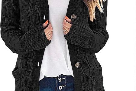 Women'S Long Sleeve Cable Knit Sweater Open Front Cardigan Button Loose Outerwear