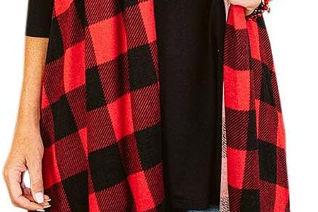 Womens Plaid Open Front Cardigan Sleeveless Drape Lightweight Vest Coat with Pockets